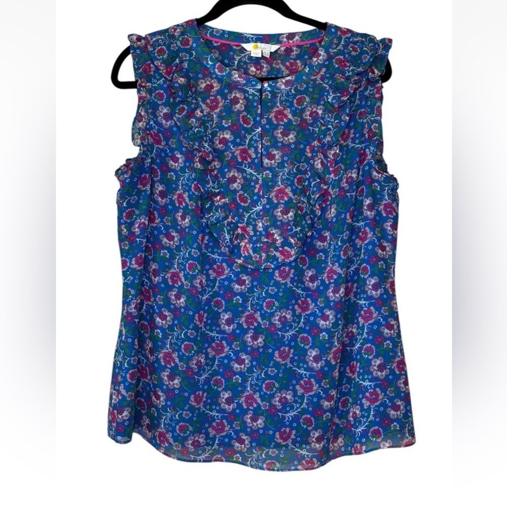 BODEN Blue Pink Floral Sleeveless Blouse Size US 12 Ruffle Bib Front Top Shirt - Picture 2 of 5
